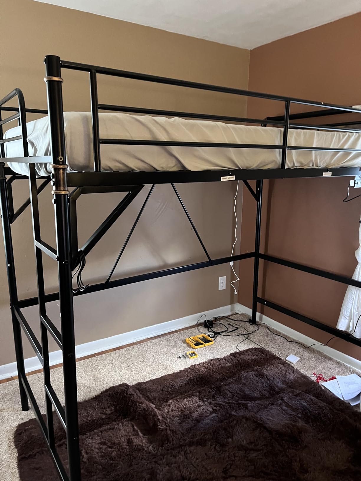 Twin Size Loft Bed with LED Lights and Charging Station, Industrial Heavy Duty Metal Loft Bed Frame with Ladder and Guardrail for Kids Adults, Small Space Saving Design for Bedroom Dorm, Vintage Brown customer photo 2