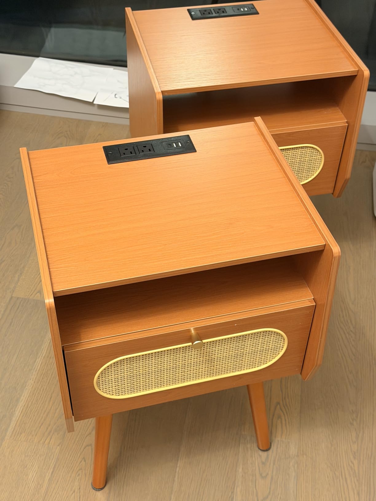 JOINICE Floating Nightstand Set of 2, Mid Century Modern Wall Mounted Bedside Table with Charging Station, Fluted End Table with Storage Drawers for Bedroom, Home Small Space, Cherry, 2 PCS customer photo 1