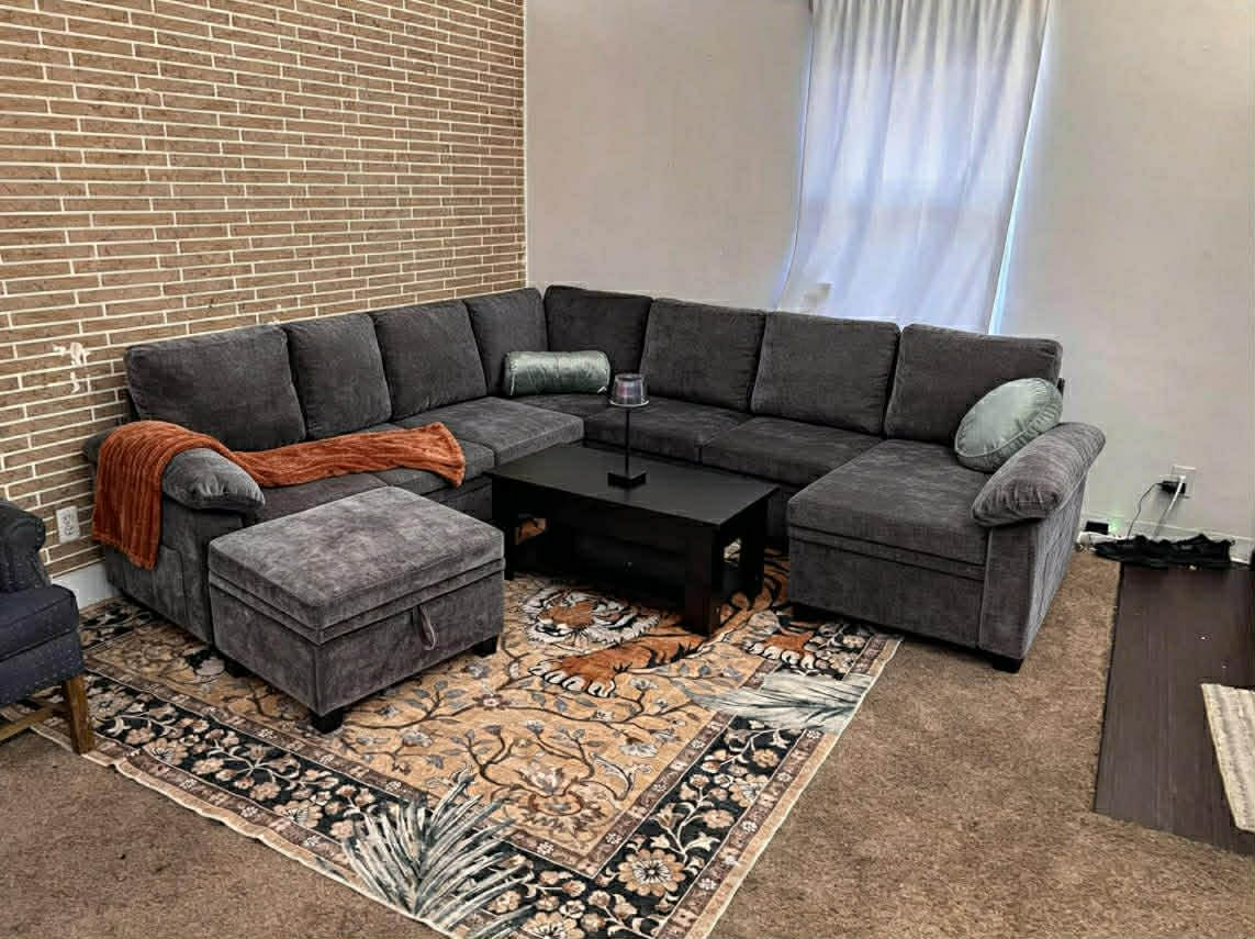 86 Inch Sectional Sleeper L Shaped Sofa with Pull Out Bed, 5 Seater Modular Sectional Sofa with Storage, Modern Chenille Cloud Couch, Sectional Couches for Living Room, Gray customer photo 2