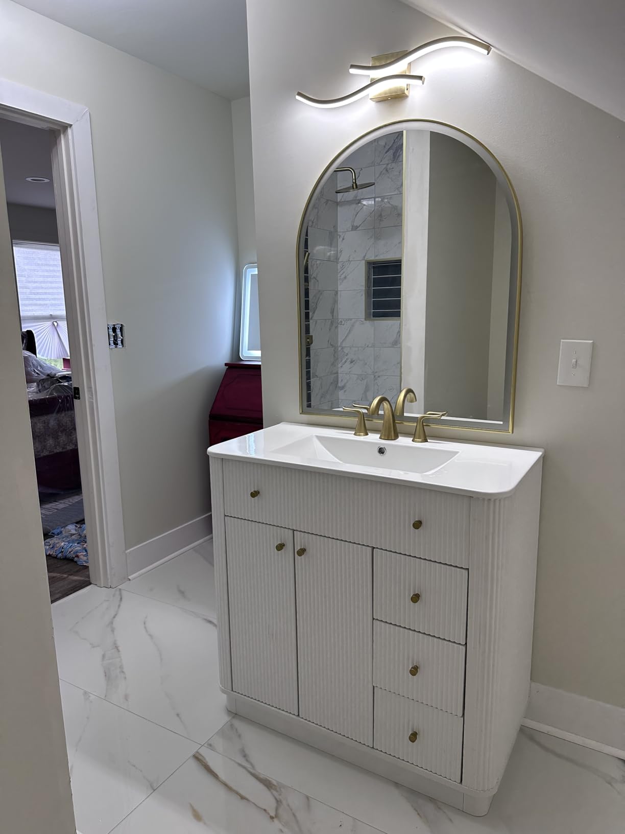 T4TREAM 60 Inch Bathroom Vanity with Sink, Modern Fluted Large Double Sink Bathroom Vanity with 2 Storage Cabinets, Adjustable Shelf, and 3 Small Drawers, Solid White customer photo 2