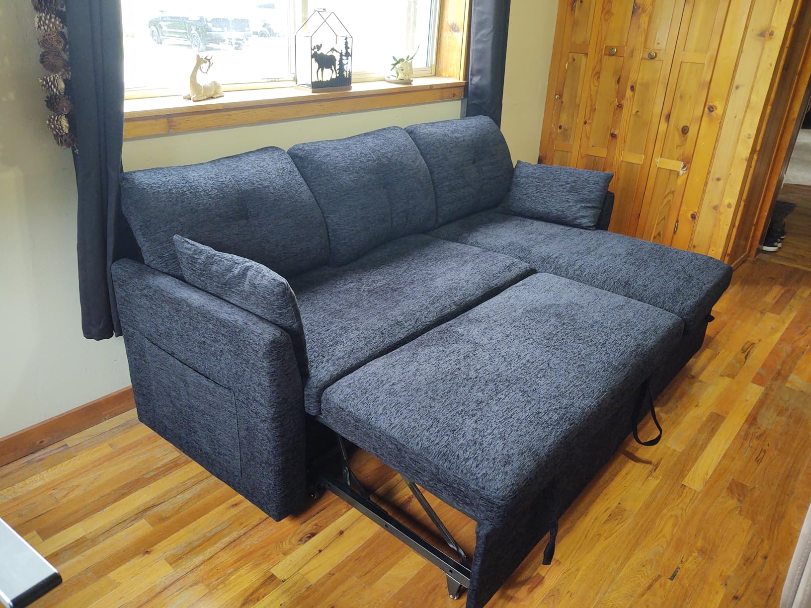 Huatean Home Oversized Sleeper Couch Sofa, 110 inch 2 in 1 Pull Out Couch with Double Storage Chaise, Sectional Sleeper Sofa Bed with Side Pocket for Living Room, Dark Grey customer photo 1