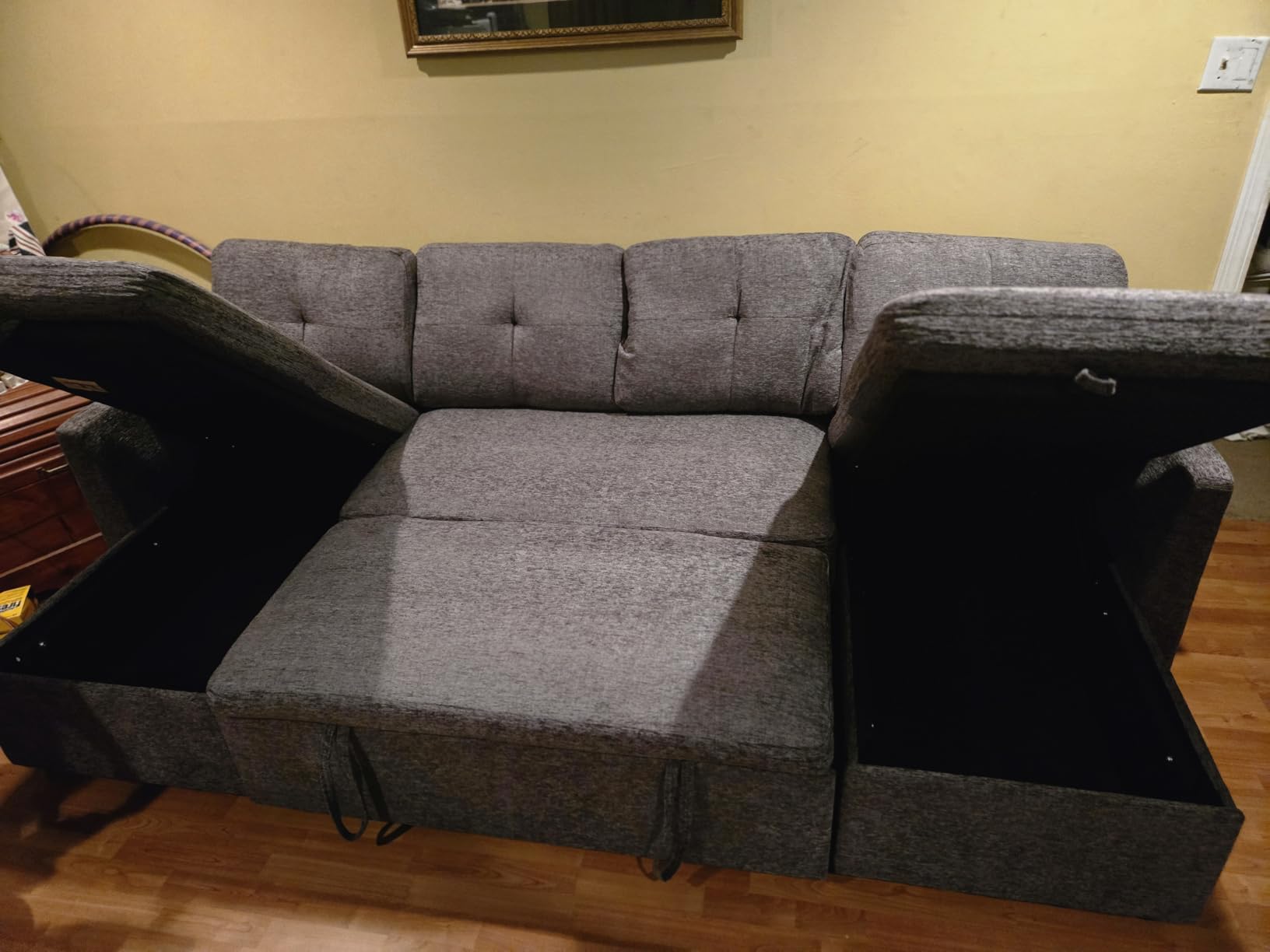 Huatean Home Oversized Sleeper Couch Sofa, 110 inch 2 in 1 Pull Out Couch with Double Storage Chaise, Sectional Sleeper Sofa Bed with Side Pocket for Living Room, Dark Grey customer photo 2