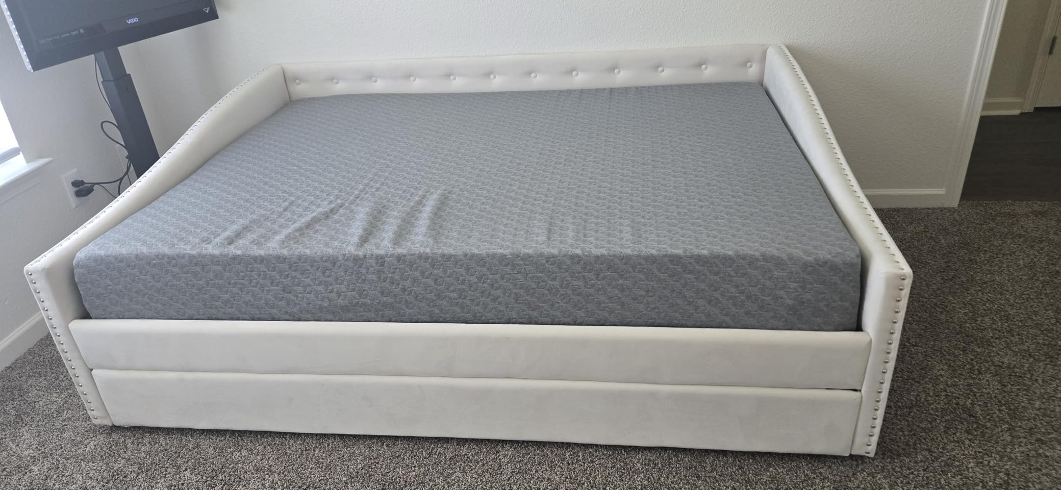 Upholstered Daybed with Trundle, Twin Size Day Bed w/Button-Tufted Back and Piping on Waved-Shape Arms for Bedroom or Guest Room, No Box Spring Required, Dark Gray customer photo 1