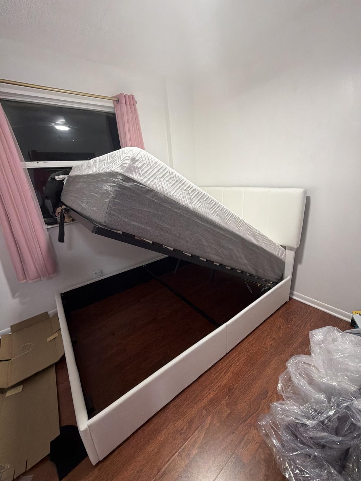 Allewie Queen Size Velvet Lift Up Storage Bed Frame, Vertical Channel Tufted Headboard, Hydraulic Underneath Storage, Upholstered Platform Bed, Wooden Slats Support, No Box Spring Needed, Cream customer photo 2