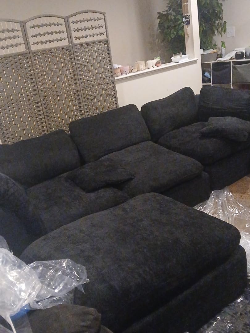 110'' Oversized Cloud Sectional Boneless Couch for Living Room, Modern Big Compressed L Shape Couch with Ottoman & 2 Throw Pillows, Comfy Chenille Deep Seat Memory Foam Spineless 4 Seater Sofa, Black customer photo 1