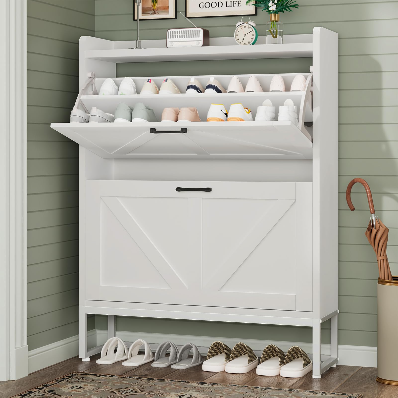 GRUSIGN Shoe Cabinet, Shoe Storage Cabinet with 2 Flip Drawers & Adjustable Shelf, Space-Saving Shoe Organizer - Holds 16+ Pairs, Narrow Shoe Cabinet Storage for Entryway/Hallway, White customer photo 1