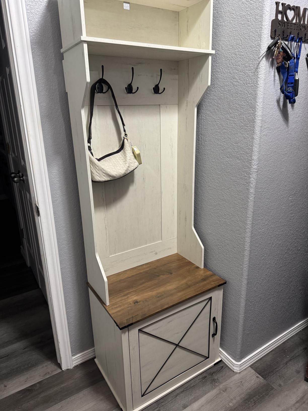 VASAGLE Hall Tree with Bench and Shoe Storage, Coat Rack with Shoe Bench, Entryway Furniture, 6 Tri-Hooks, Sliding Door, Farmhouse Style, Space Saving, Rustic White and Honey Brown UHSR442W01V1 customer photo 1
