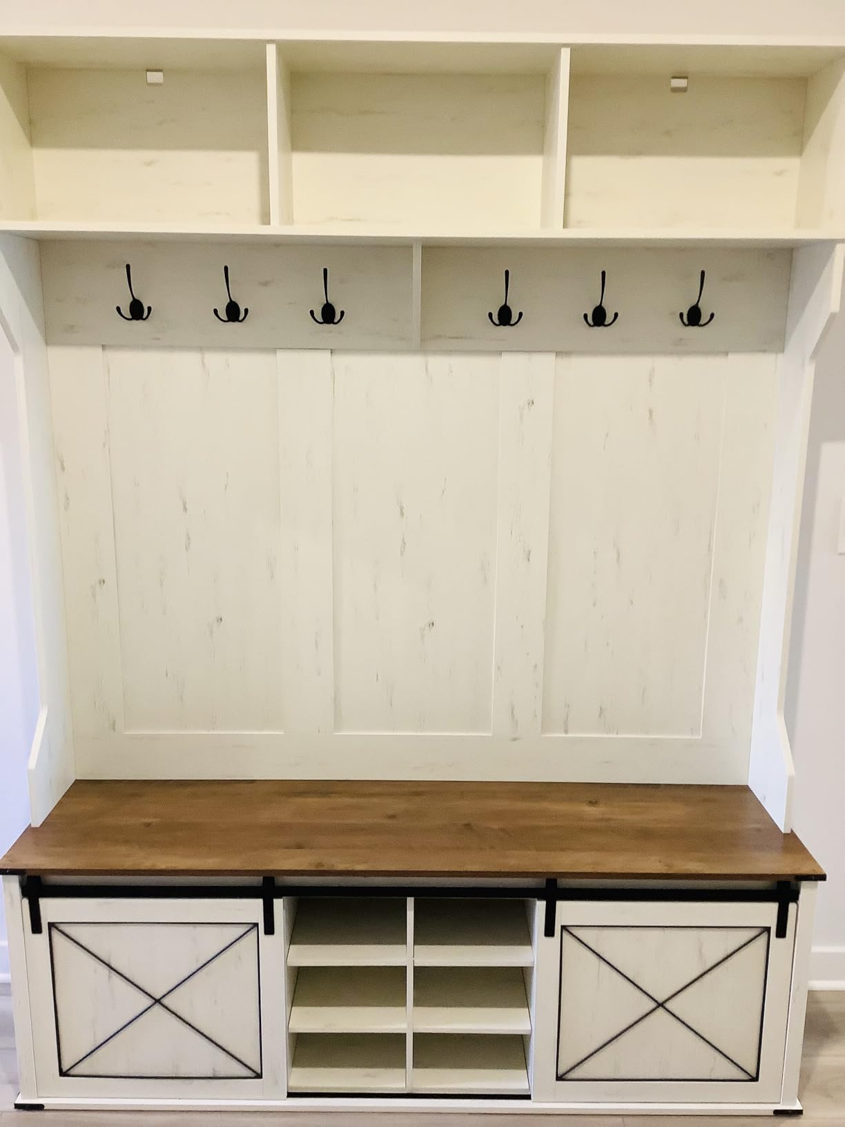 VASAGLE Hall Tree with Bench and Shoe Storage, Coat Rack with Shoe Bench, Entryway Furniture, 6 Tri-Hooks, Sliding Door, Farmhouse Style, Space Saving, Rustic White and Honey Brown UHSR442W01V1 customer photo 2