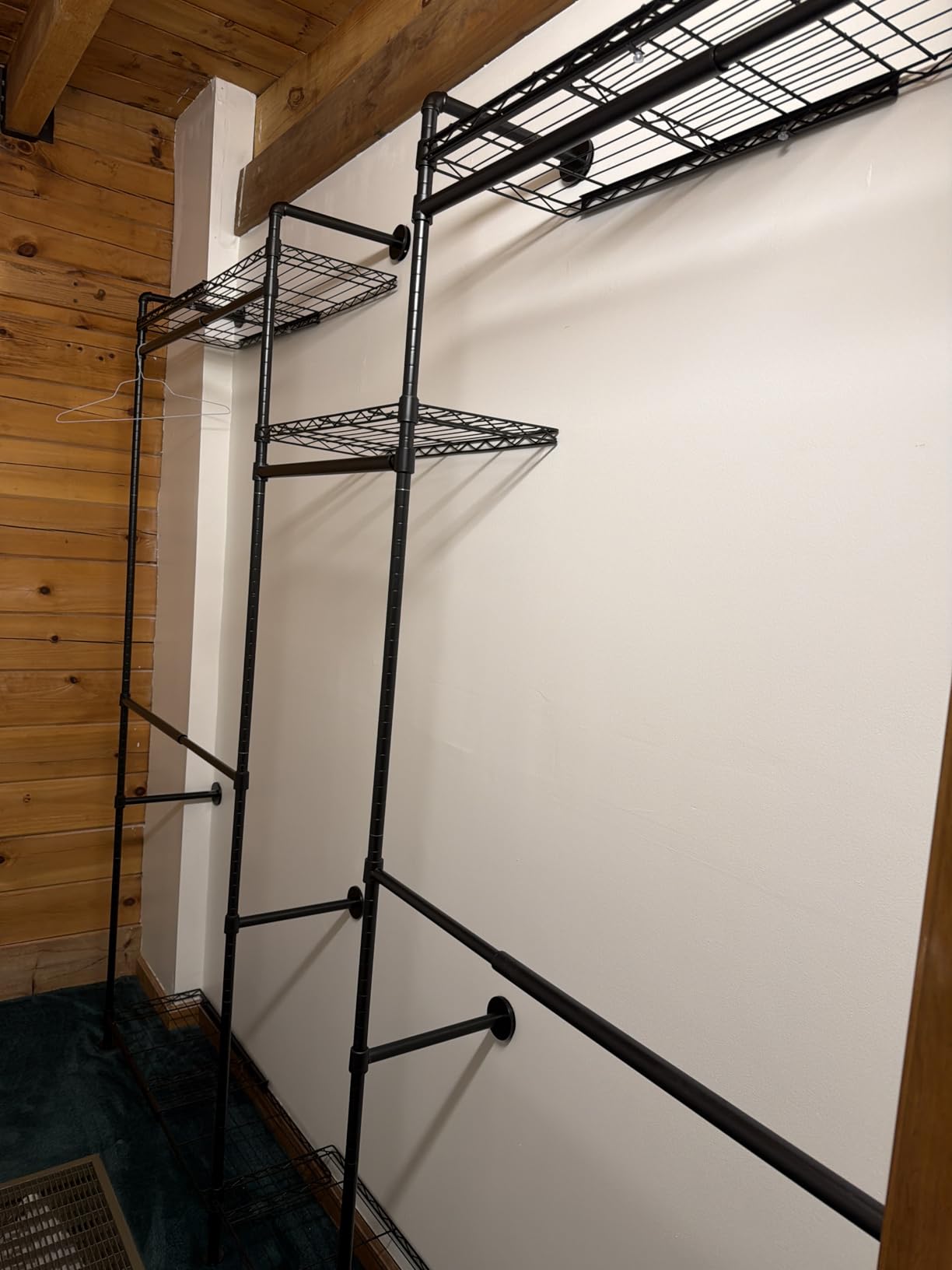 ONBRILL H3 Plus Expandable Wall Mounted Closet System, 5.7FT-8.2FT Closet Organizer with 4 Telescopic Shelves & 5 Adjustable Rods, Industrial Pipe Clothing Rack for Walk-in & Reach-in Closet (Black) customer photo 1