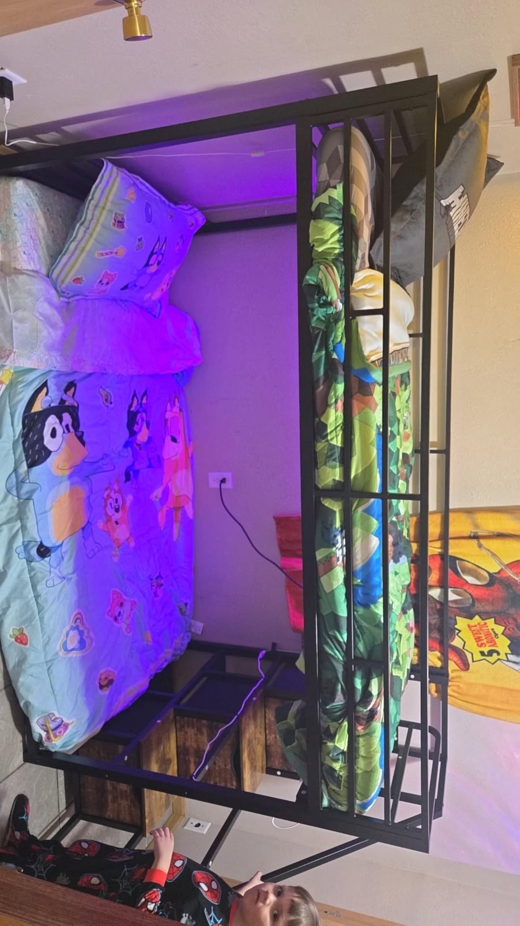 ADORNEVE Low Bunk Bed Full Over Full with Stairs, 3 Storage Drawers & Power Outlet, Full Size Metal Floor Bunk with RGB Lights & Shelves, Space-Saving Kids Bed, Black & Brown customer photo 1