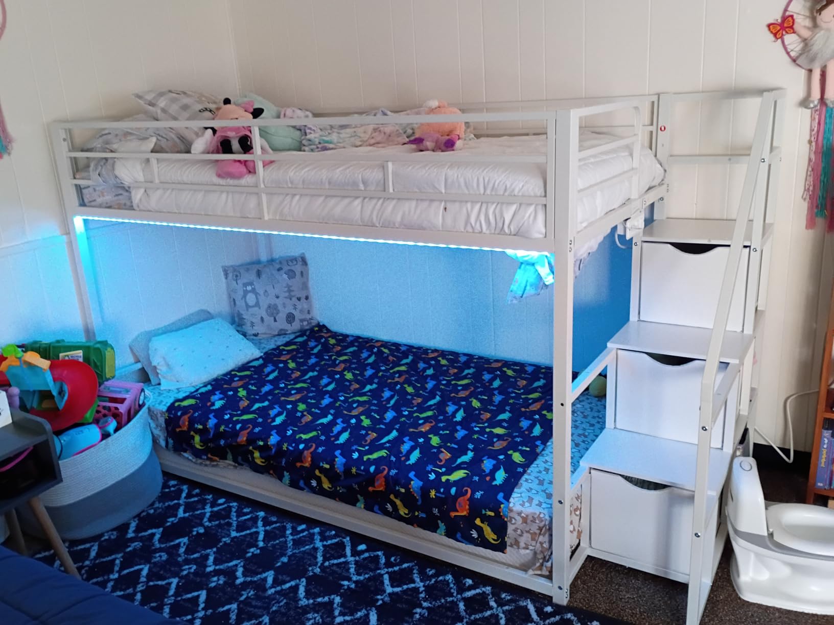 ADORNEVE Low Bunk Bed Full Over Full with Stairs, 3 Storage Drawers & Power Outlet, Full Size Metal Floor Bunk with RGB Lights & Shelves, Space-Saving Kids Bed, Black & Brown customer photo 2