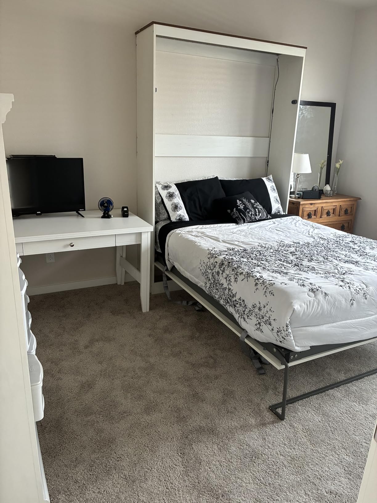 AMERLIFE Queen Size Murphy Bed with LED Light, Farmhouse Foldable Wall Bed with Charging Station & Gas Struts, Space-Saving Hidden Bedframe for Guest Room, Bedroom & Home Office, Brown customer photo 2