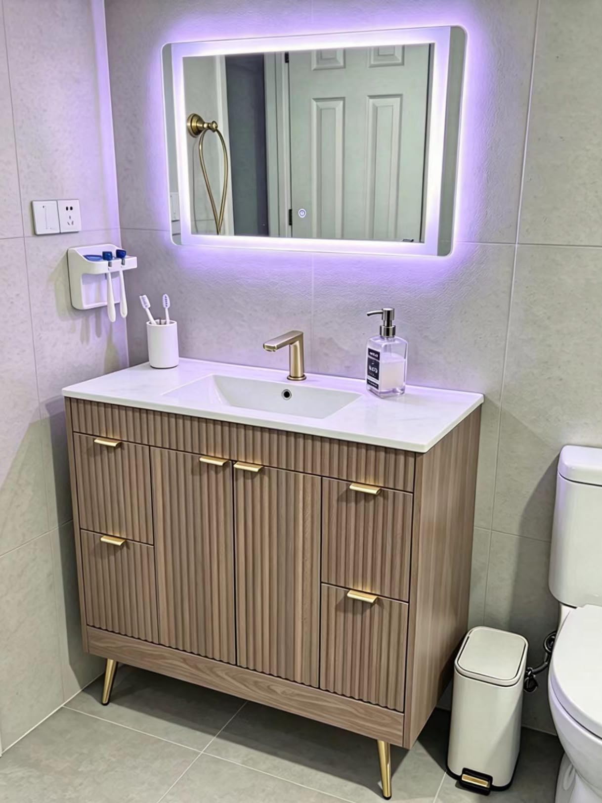 CARPETNAL 60 Inch Bathroom Vanity with Sink, Modern Fluted Large Double Sink Bathroom Vanity with Sink with 2 Storage Cabinets, Adjustable Shelf and 2 Drawers, Natural Oak customer photo 1