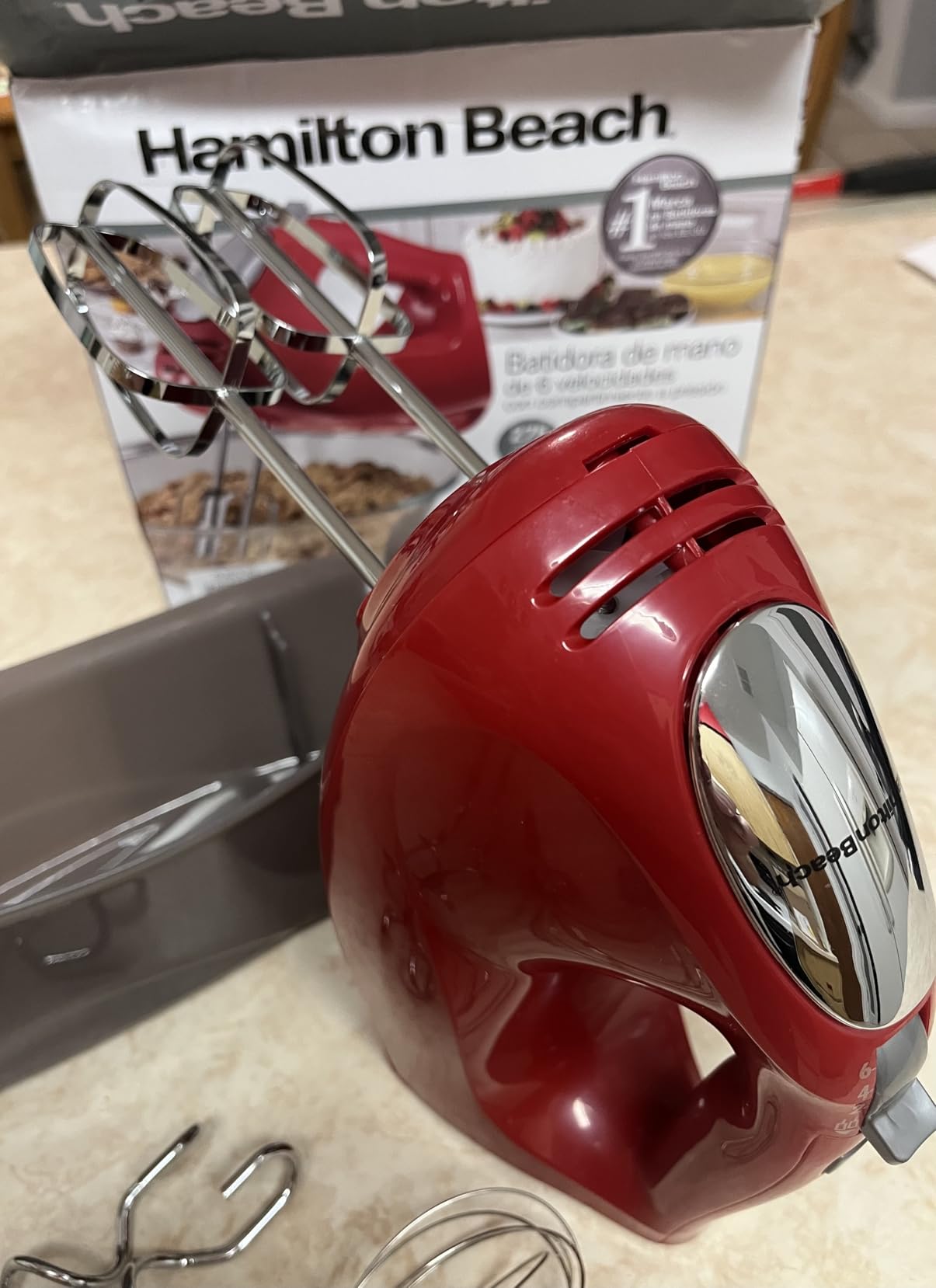 Hamilton Beach 6-Speed Electric Hand Mixer with Whisk, Traditional Beaters, Dough Hooks, Snap-On Storage Case, 275 Watts, Red customer photo 1