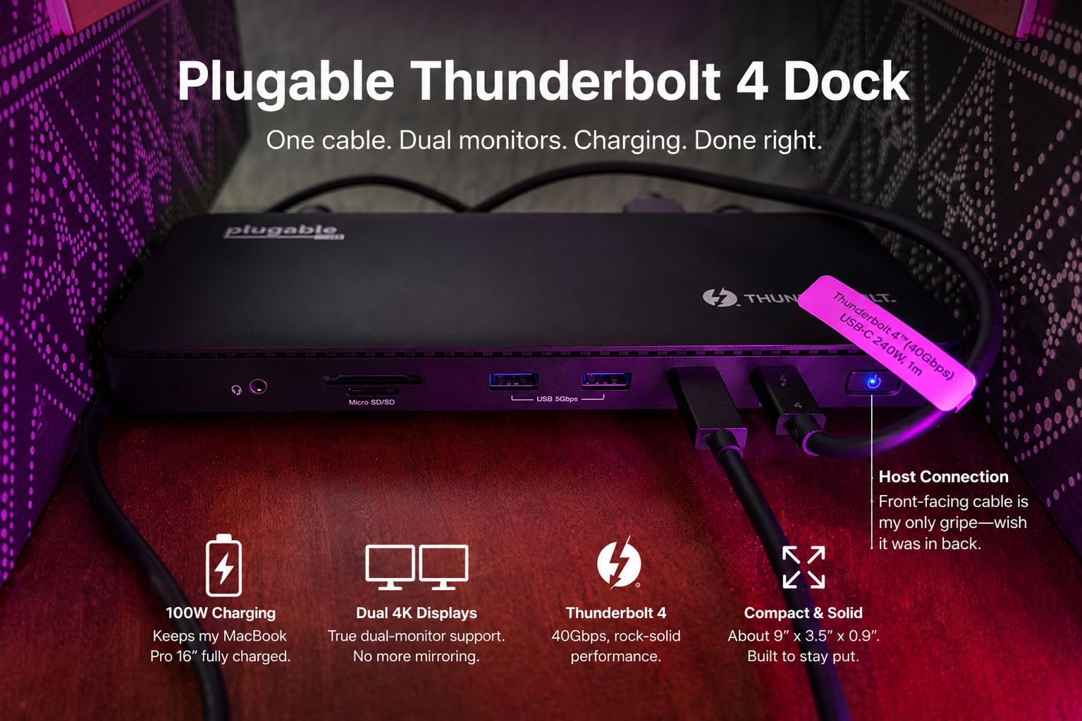 Plugable Thunderbolt 4 Dock with 100W Charging, Thunderbolt Certified, Dual Monitor Single 8K or Dual 4K HDMI, 4X USB, Gigabit Ethernet (TBT4-UD5) customer photo 1