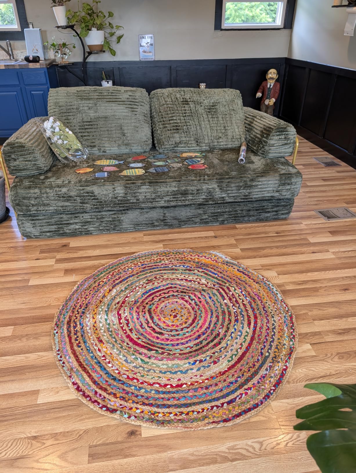 COTTON CRAFT Jute Chindi Braid Rag Rug - Boho Farmhouse Rustic Area Accent Throw Rug - Handwoven Reversible Natural Recycled Cotton - Living Room Den Study Home Décor Gift - 4 Feet Round - Multi Color customer photo 2