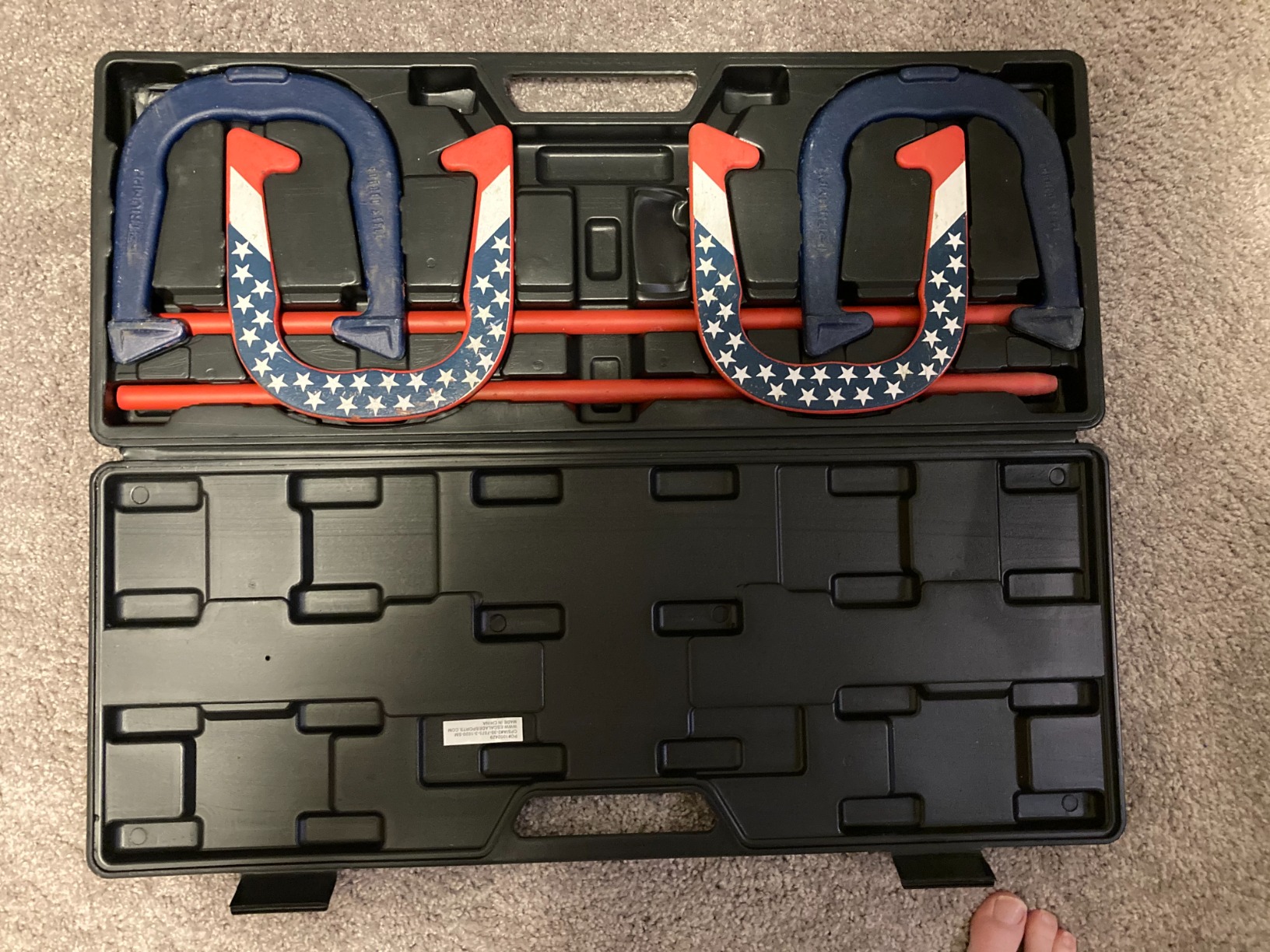 Triumph Forged and Steel Horseshoe Set Complete with 4 Horseshoes, 2 Stakes - Patriotic or Blue and Grey Colors - Perfect Addition for Parties and Outdoor Gatherings customer photo 1