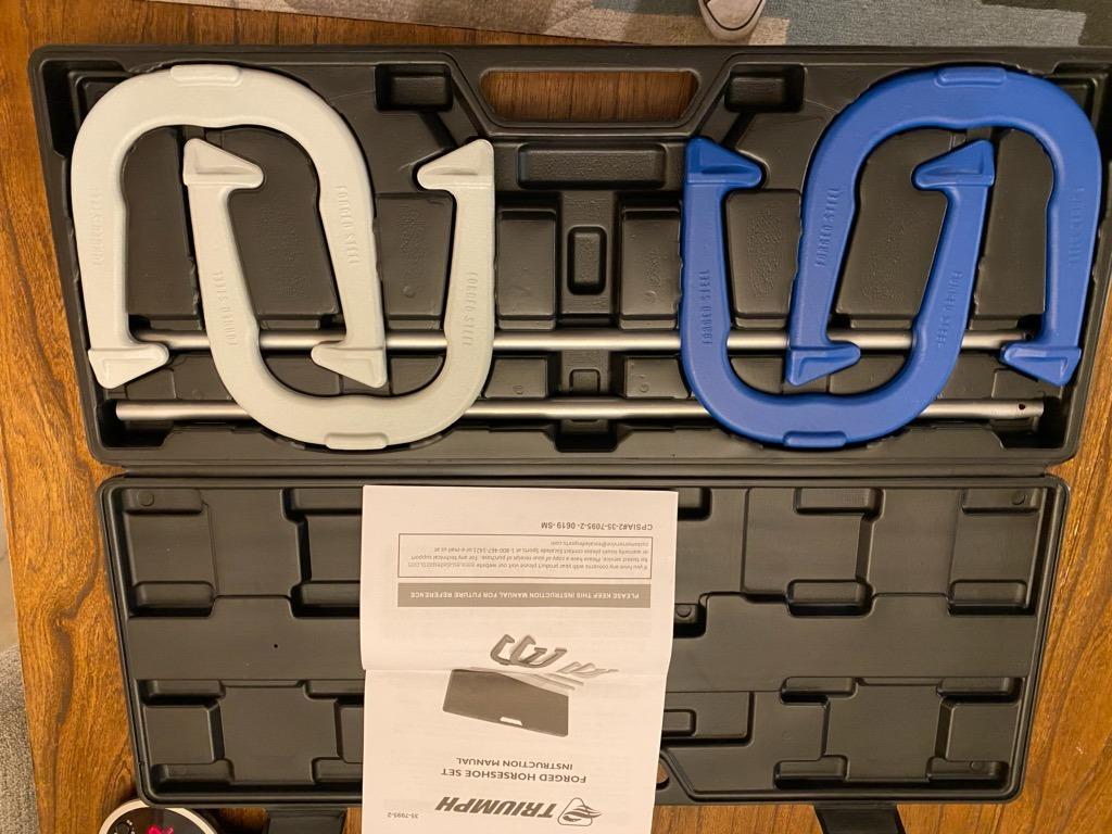 Triumph Forged and Steel Horseshoe Set Complete with 4 Horseshoes, 2 Stakes - Patriotic or Blue and Grey Colors - Perfect Addition for Parties and Outdoor Gatherings customer photo 2