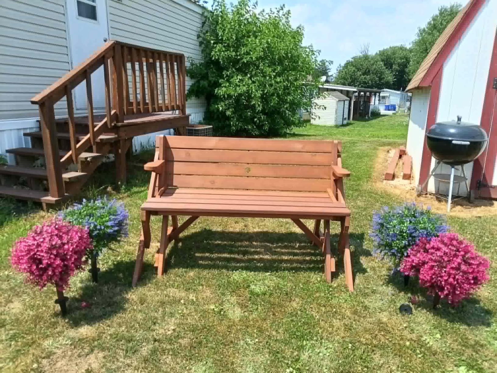 Best Choice Products 2-in-1 Transforming Interchangeable Outdoor Wooden Picnic Table Garden Bench for Backyard, Porch, Patio, Deck w/Umbrella Hole - Natural customer photo 2