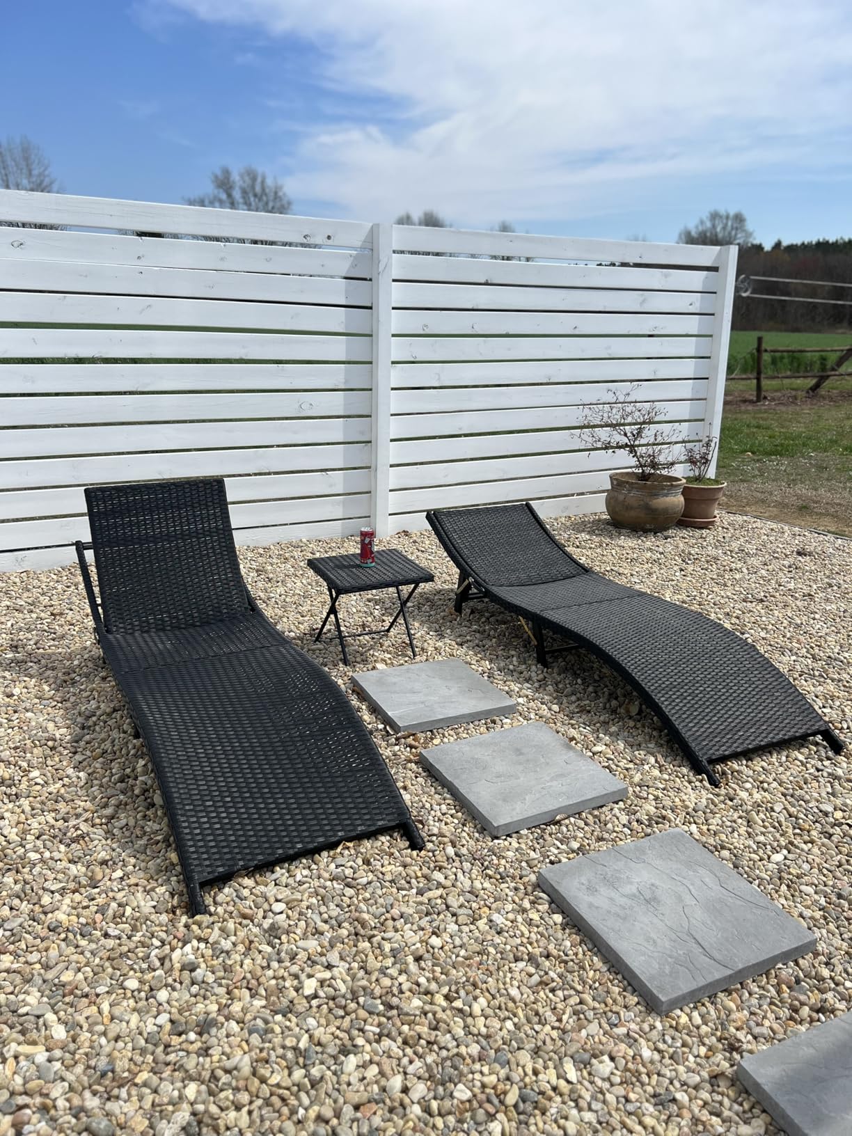 Devoko Patio Chaise Lounge Sets Outdoor Rattan Adjustable Back 3 Pieces Cushioned Patio Folding Chaise Lounge with Folding Table (Beige) customer photo 2