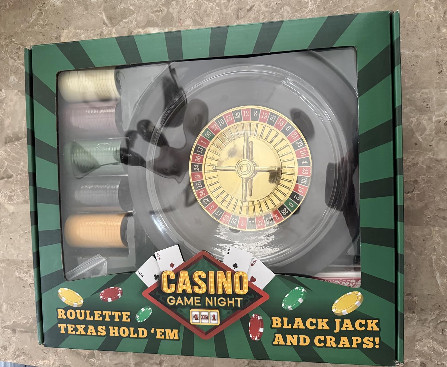 Brybelly Casino Night 4-in-1 Complete Game Set with Felts, Wheel, 100 Chips, Dice & Cards for Blackjack, Craps, Roulette & Texas Hold'em - Green Felt Double Sided Casino Tabletop Gaming Mat customer photo 1