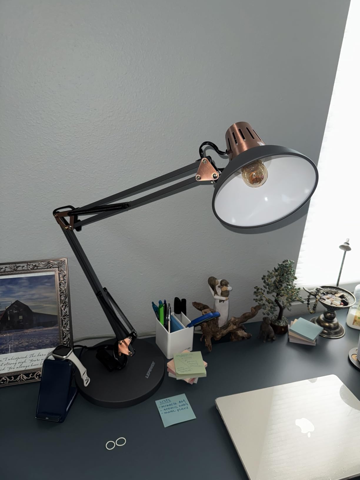 LEPOWER Metal Desk Lamp, Adjustable Goose Neck Architect Table Lamp with On/Off Switch, Swing Arm Desk Lamp with Clamp, Eye-Caring Reading Lamp for Bedroom, Study Room & Office (Sandy Black) customer photo 1