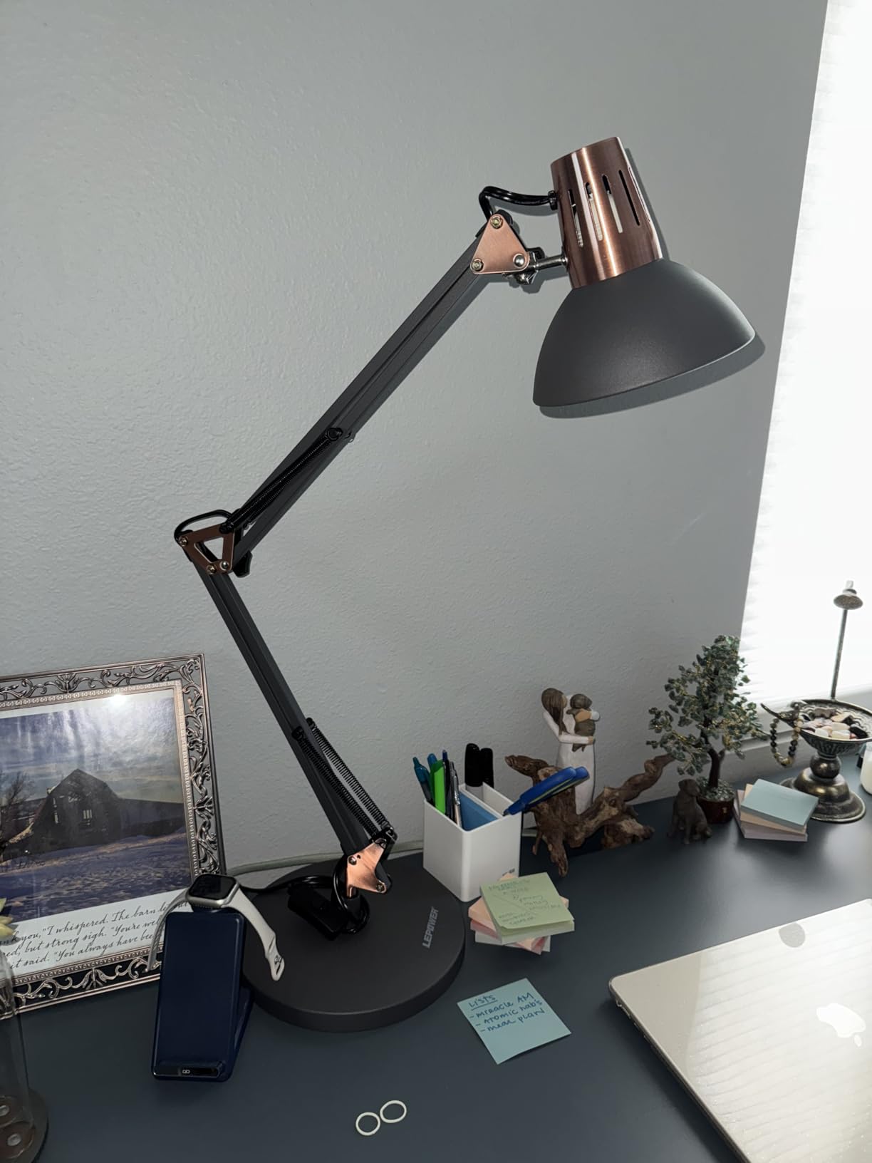 LEPOWER Metal Desk Lamp, Adjustable Goose Neck Architect Table Lamp with On/Off Switch, Swing Arm Desk Lamp with Clamp, Eye-Caring Reading Lamp for Bedroom, Study Room & Office (Sandy Black) customer photo 2