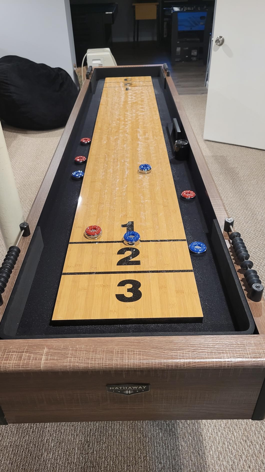Hathaway Excalibur 9-Ft Shuffleboard Table for Great for Family Recreation Game Rooms, Designed with a Rustic Driftwood Finish with Built-In Leg Levelers, Includes 8 Pucks, Table Brush and Wax customer photo 2
