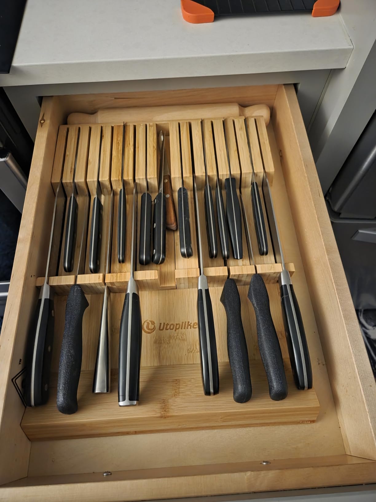 Utoplike In-drawer Knife Block Bamboo Kitchen Knife Drawer Organizer Large, Handle Steak Knife Holder without Knives, Fit for 16 Knife and 1 Sharpening Steel customer photo 1