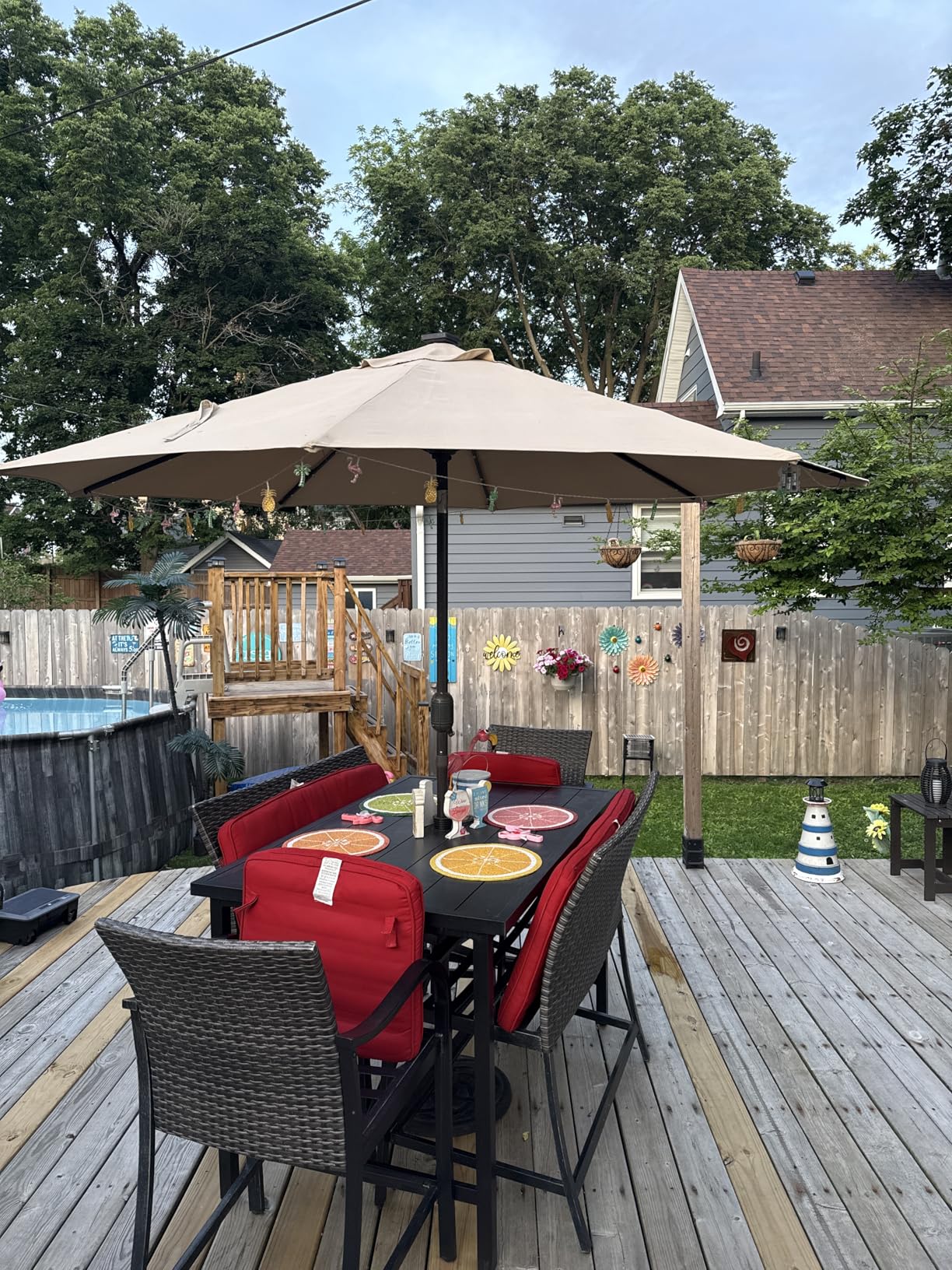Blissun 9 ft Solar Umbrella 32 LED Lighted Patio Umbrella Table Market Umbrella with Tilt and Crank Outdoor Umbrella for Garden, Deck, Backyard, Pool and Beach (Navy Blue) customer photo 2