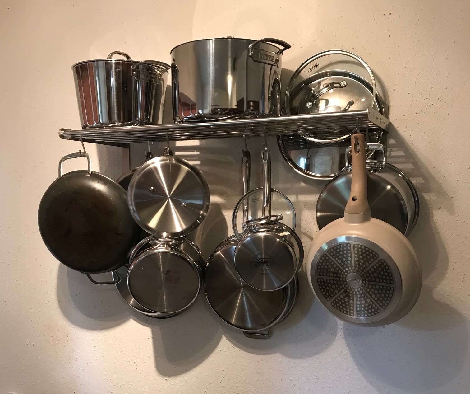 Wallniture Lyon Kitchen Organization and Storage Rack, Stainless Steel Metal Wall Shelf with 10 S Hooks for Hanging Pots and Pans, Chrome customer photo 2