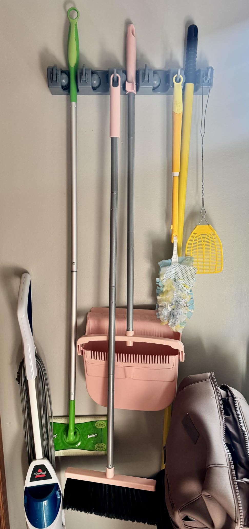 Amazon Basics Rectangular Heavy Duty Wall Mount Broom and Mop Holder, Sturdy Tool Organizer with Hooks and Slots for Garage, Garden, Laundry, Kitchen Organization, 2.36 x 16.9 x 3.35 in, Gray customer photo 1
