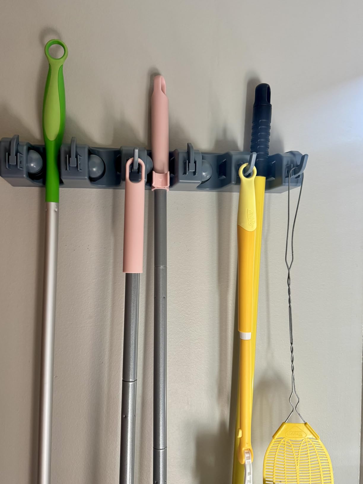 Amazon Basics Rectangular Heavy Duty Wall Mount Broom and Mop Holder, Sturdy Tool Organizer with Hooks and Slots for Garage, Garden, Laundry, Kitchen Organization, 2.36 x 16.9 x 3.35 in, Gray customer photo 2