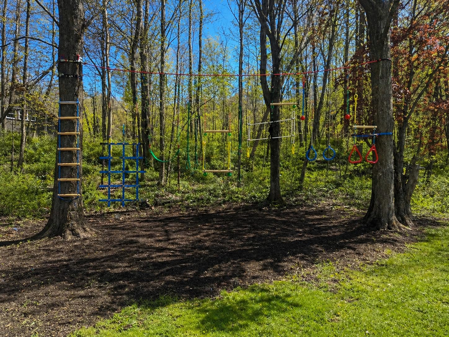 Ninja Warrior Obstacle Course for Kids Backyard - 2x50ft Slackline Kit with 10 Accessories Including Swing, Rope Ladder, Gymnastic Ring, Climbing Net, and Monkey Fist customer photo 1