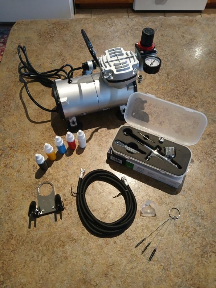 Timbertech Airbrush Kit With Compressor AS18-2K Basic Start Kit With Air Hose, Cleaning Brushes, and Test Paints for Hobby, Body Tattoo, Model painting, Automotive Graphic, Make-up customer photo 1