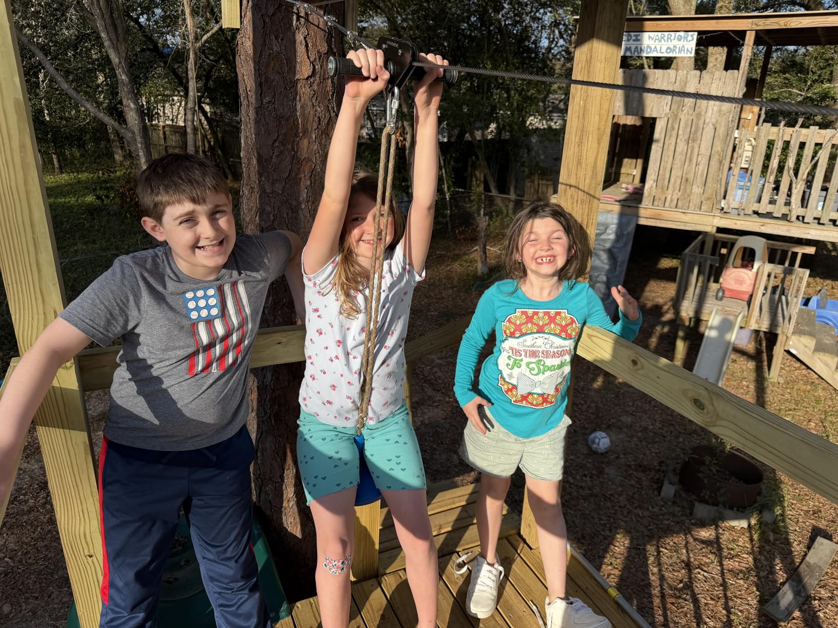 Zip Line Kit for Kids and Adults, 100/120/150/200ft, Up to 350 Lbs, Removable Trolley, Rustproof Stainless Steel, Quick Setup with Ratchet, Safety Harness, Backyard Adventure Fun W/Climbing Holds customer photo 2