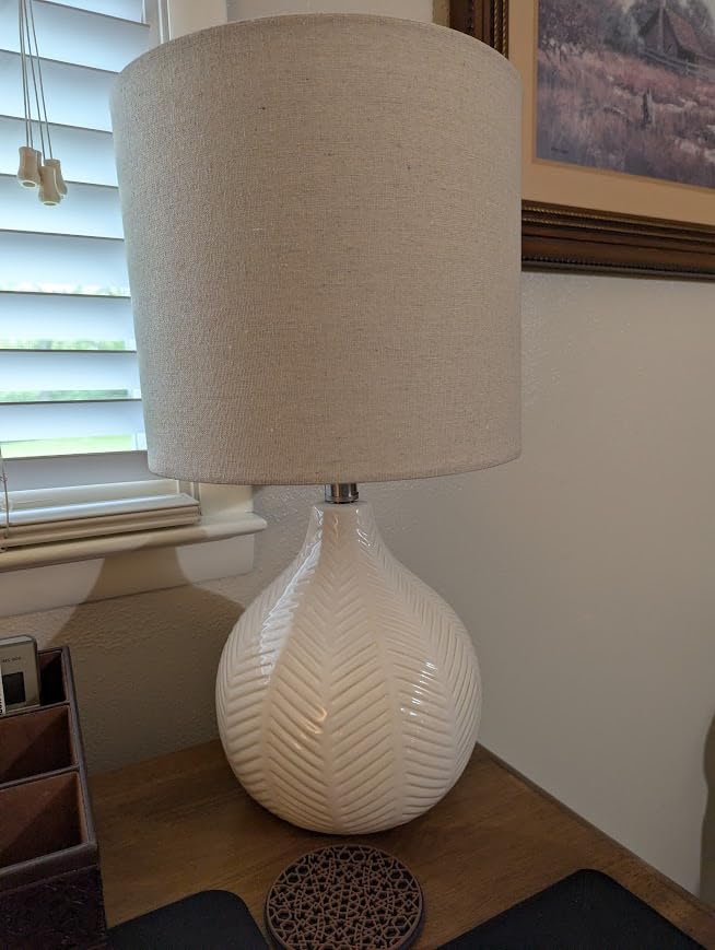 Signature Design by Ashley Rainermen Casual Ceramic Table Lamp, Transparent White Glaze Finish, Drum Hardback Fabric Shade, 11