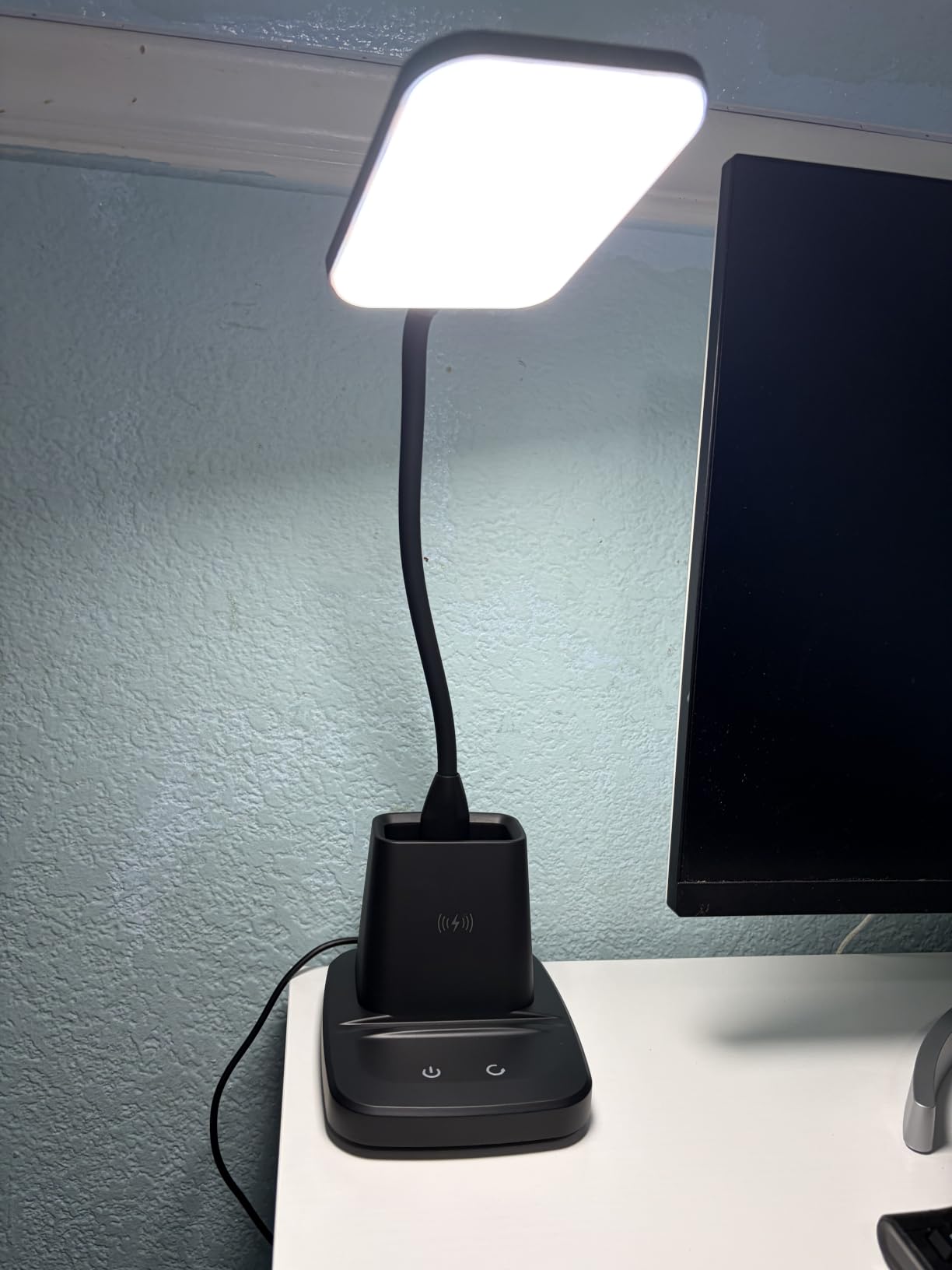 Desk Lamp, LED Desk Lamps for Home Office, Wireless Charger Small Desk Lamp with Pen Holder, 3 Color Modes, Dimmable, CRI 85, 800LM, Study Lamps for College Dorm Room, Adapter Included, Black customer photo 1