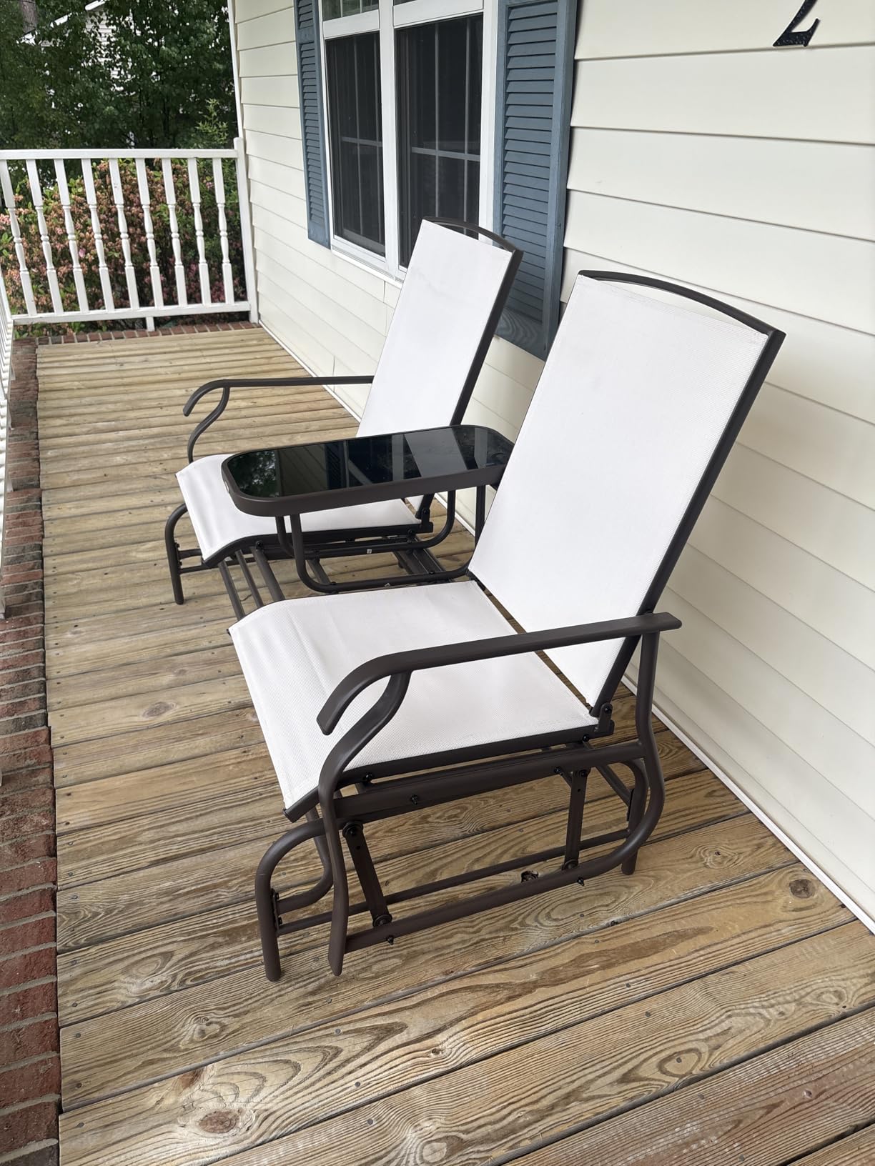 Outsunny Outdoor Glider Bench with Center Table Metal Frame Armrests Brown | Patio Loveseat, Breathable Mesh Fabric, for Backyard Garden Porch customer photo 1