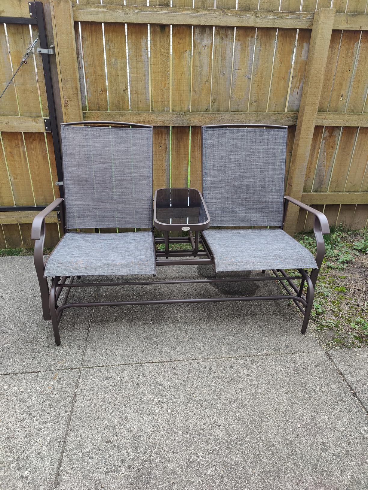 Outsunny Outdoor Glider Bench with Center Table Metal Frame Armrests Brown | Patio Loveseat, Breathable Mesh Fabric, for Backyard Garden Porch customer photo 2
