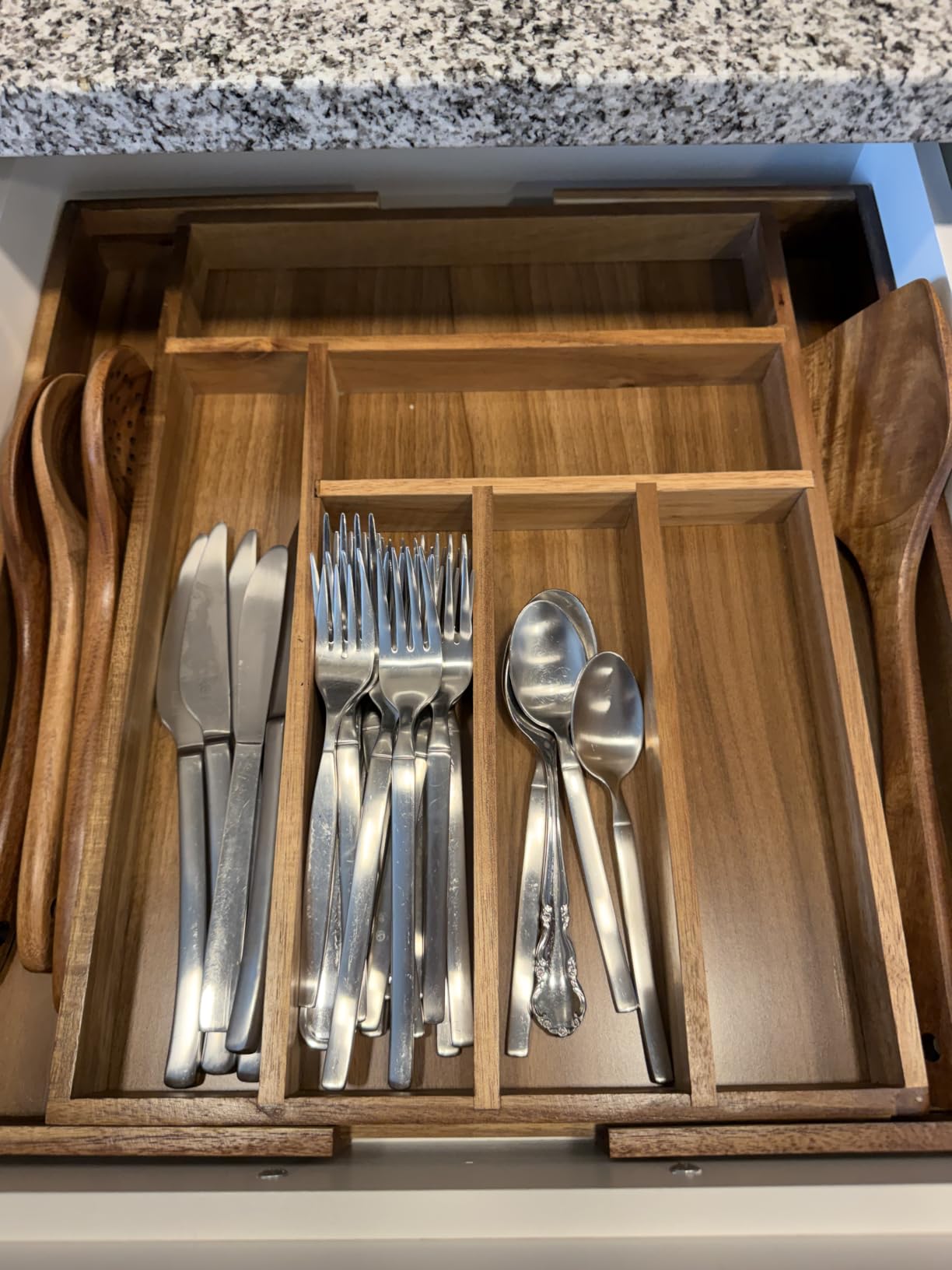 Luxury Acacia Kitchen Drawer Organizer - Silverware Organizer - Utensil Holder and Cutlery Tray with Grooved Drawer Dividers for Flatware and Kitchen Utensils (8 Slot), 17*12.4*2 inch customer photo 1