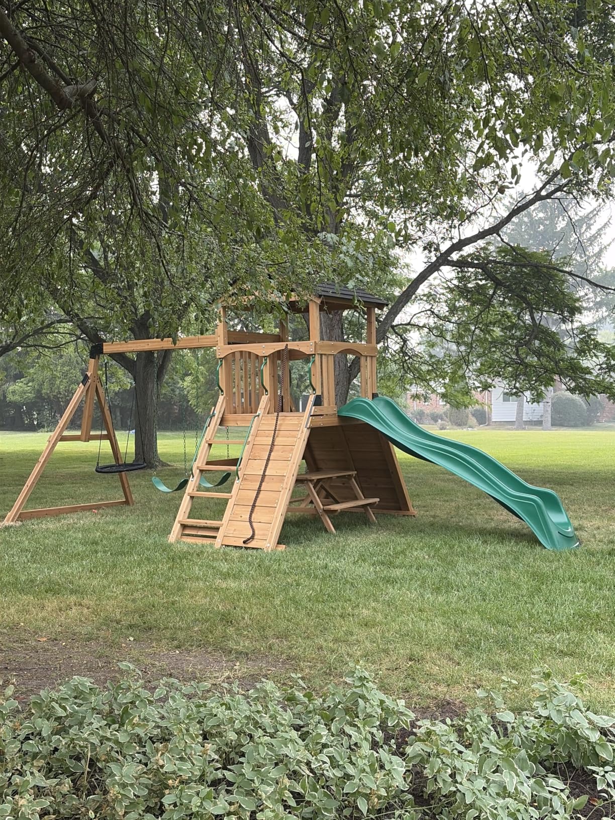 Backyard Discovery Endeavor II Cedar Wood Swing Set with Wave Slide, Play Deck, Double Rock Wall, Picnic Table, Climbing Wall, Belt Swings, Web Swing, Toy Telescope, Step Ladder, Outdoor Playset customer photo 1