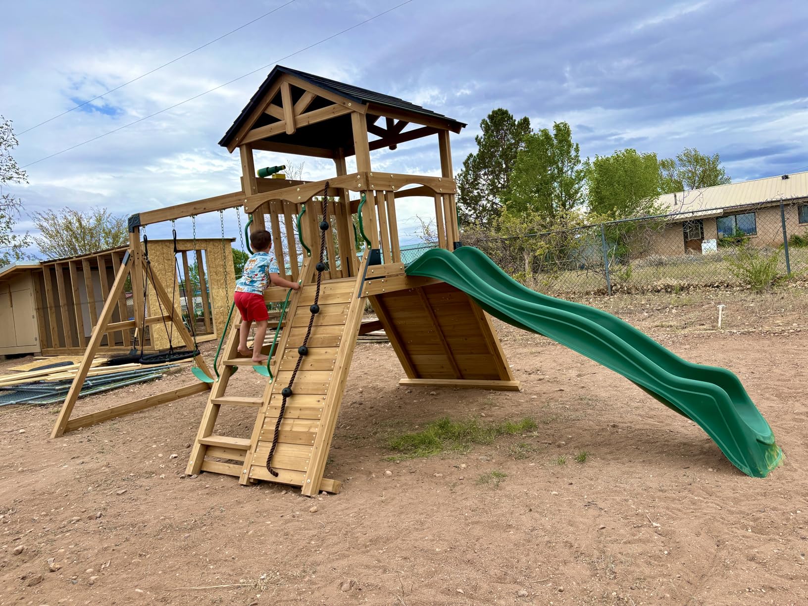 Backyard Discovery Endeavor II Cedar Wood Swing Set with Wave Slide, Play Deck, Double Rock Wall, Picnic Table, Climbing Wall, Belt Swings, Web Swing, Toy Telescope, Step Ladder, Outdoor Playset customer photo 2