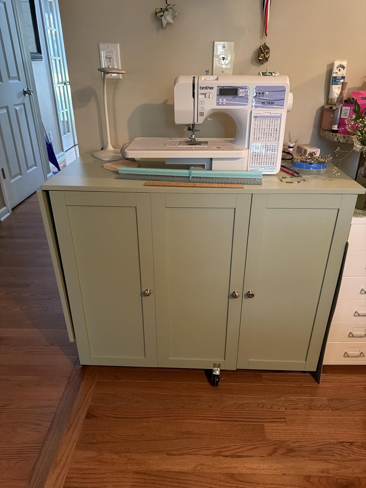 Best Choice Products Large Folding Sewing Table, Multipurpose Portable Craft Station & Side Desk w/Compact Design, Caster Wheels, Storage Shelves, 2 Storage Trays, Magnetic Doors - White customer photo 2