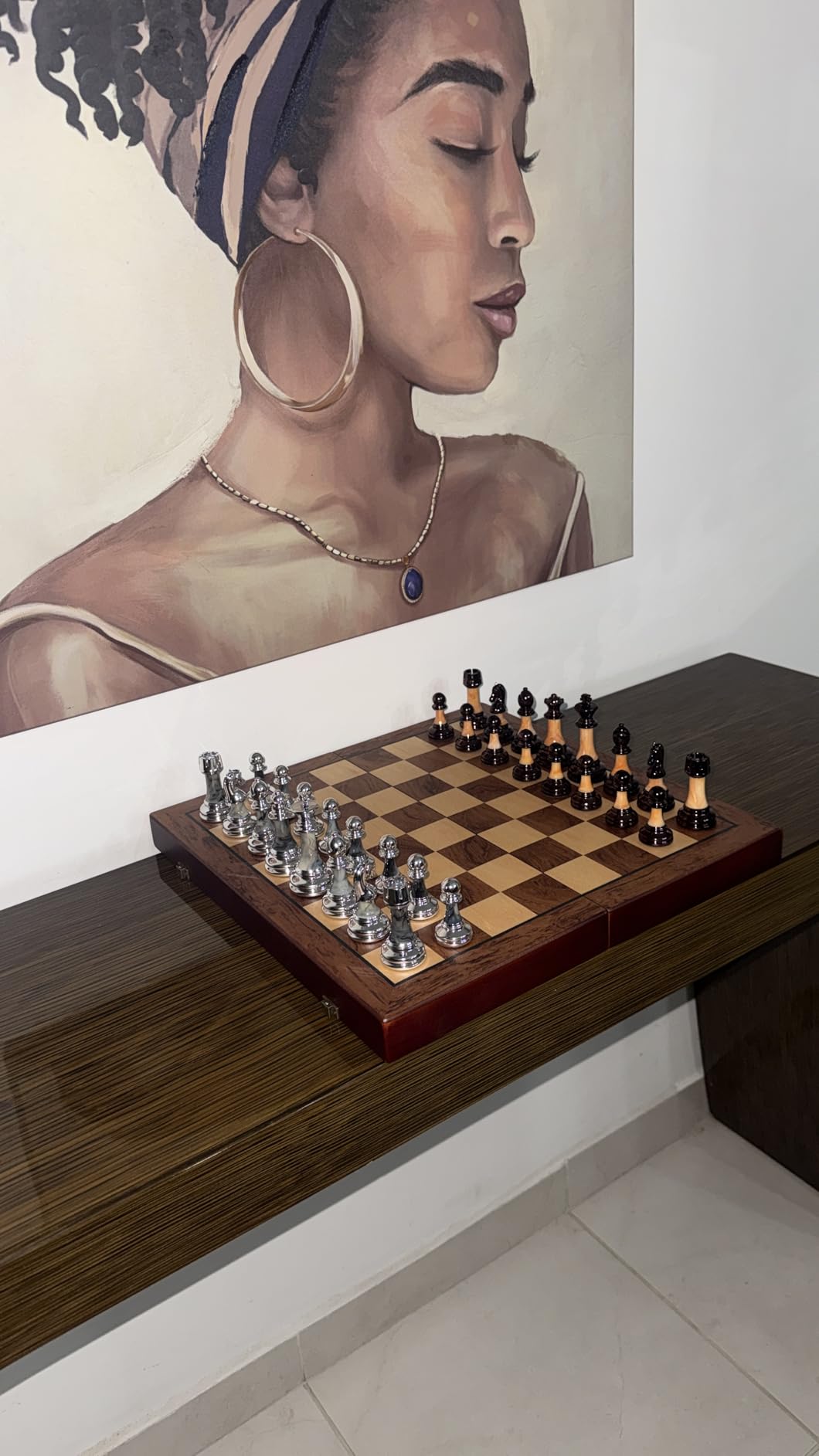 VAMSLOVE Chess Set Large 16''/42cm Folding Wooden Board with Deluxe Weighted Acrylic Chess Pieces - 3.5