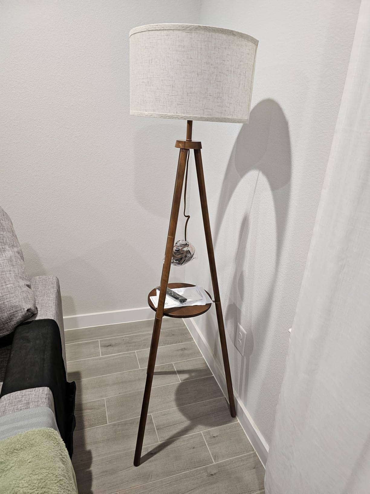 OUTON Wood Tripod Floor Lamp with Shelves, Mid Century LED Modern Dimmable Floor Lamp with Remote Control, Sturdy Tall Standing Lamp with Beige Linen Texture Shade for Living Room, Bedroom, Office customer photo 1