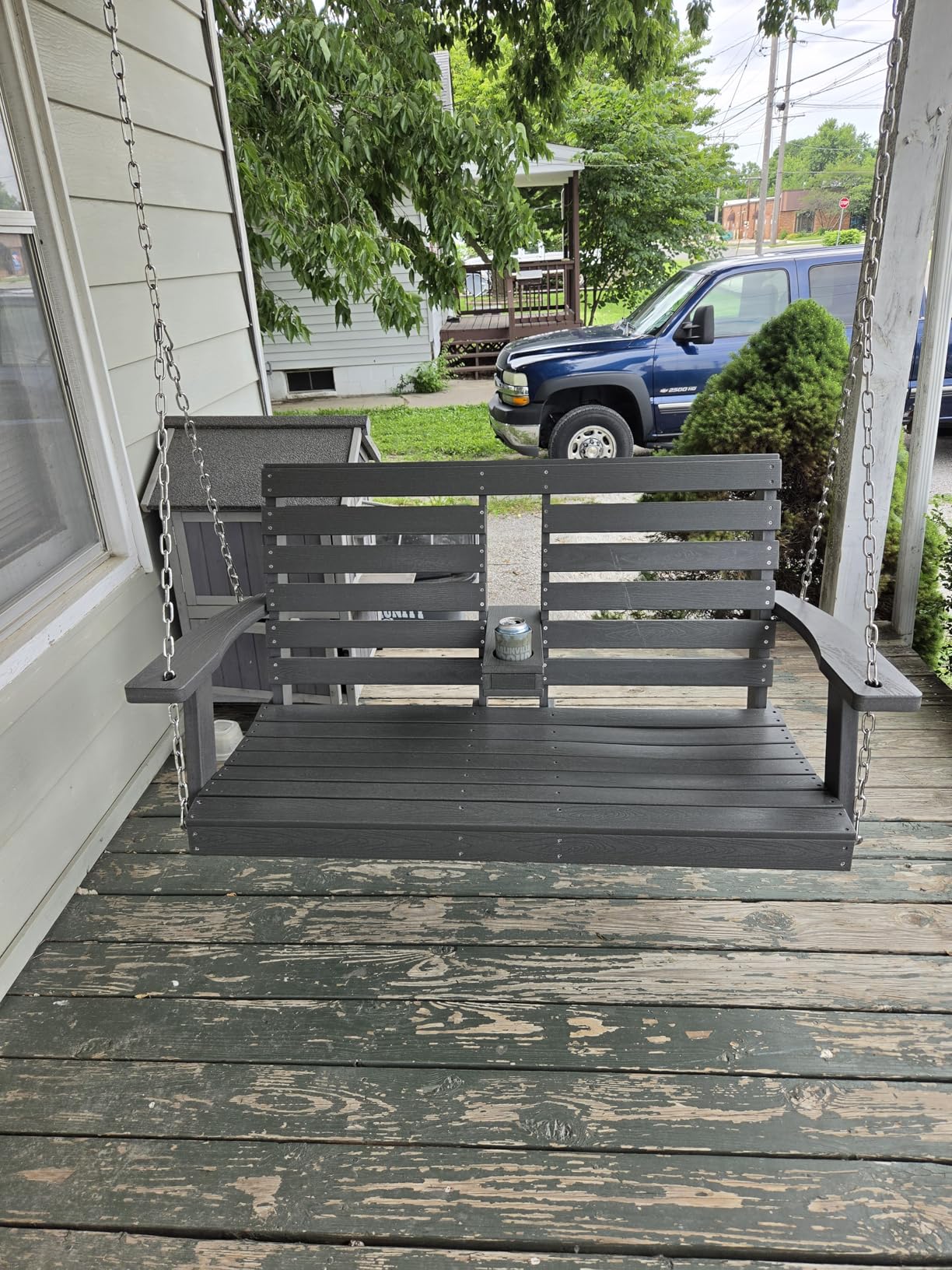 KINGYES Outdoor Hanging Porch Swing, Waterproof Swing with Cup Holders for Courtyard & Garden, 660LBS Weight Capacity, White customer photo 1
