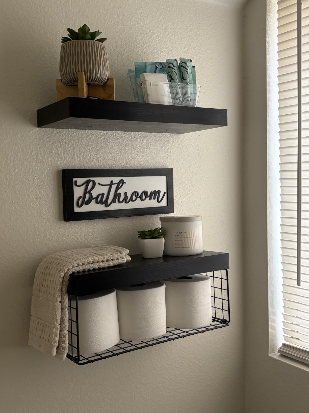 QEEIG Bathroom Shelves Over Toilet - Paper Storage Wall Mounted Farmhouse Decor Decorations Aesthetic Decor Sign Small Floating Shelf 2+1 Set 16 inch, Rustic Brown (020BN) customer photo 1