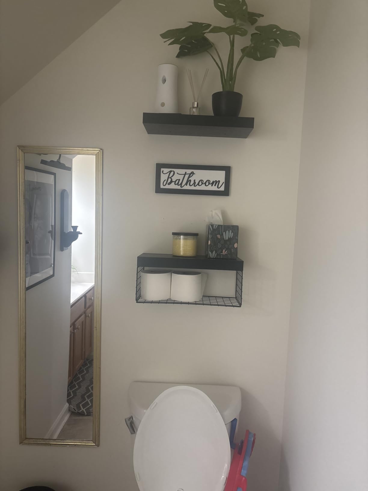 QEEIG Bathroom Shelves Over Toilet - Paper Storage Wall Mounted Farmhouse Decor Decorations Aesthetic Decor Sign Small Floating Shelf 2+1 Set 16 inch, Rustic Brown (020BN) customer photo 2