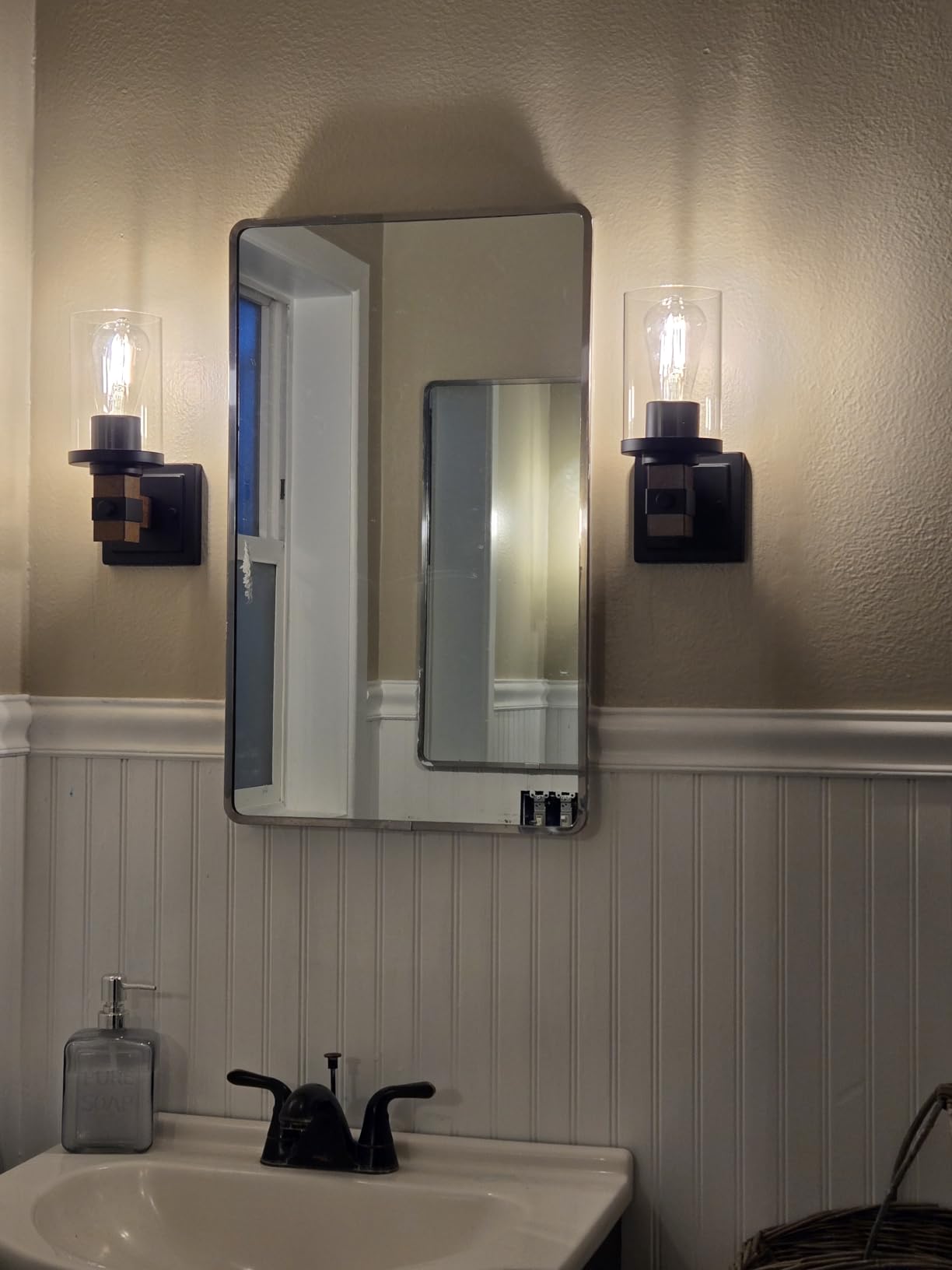EDISHINE Wall Sconces Set of 2, Farmhouse Vanity Lights Fixtures for Bathroom, 1-Light Faux Wood Rustic Bath Wall Mount Lamp with Clear Glass Shade for Hallway, Living Room, Mirror, Kitchen customer photo 1